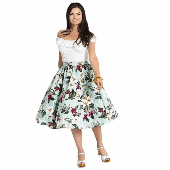 NWT HELL BUNNY RETRO 50S VINTAGE STYLE GREEN FLORAL TAHITI SKIRT SIZE SMALL - Picture 1 of 15